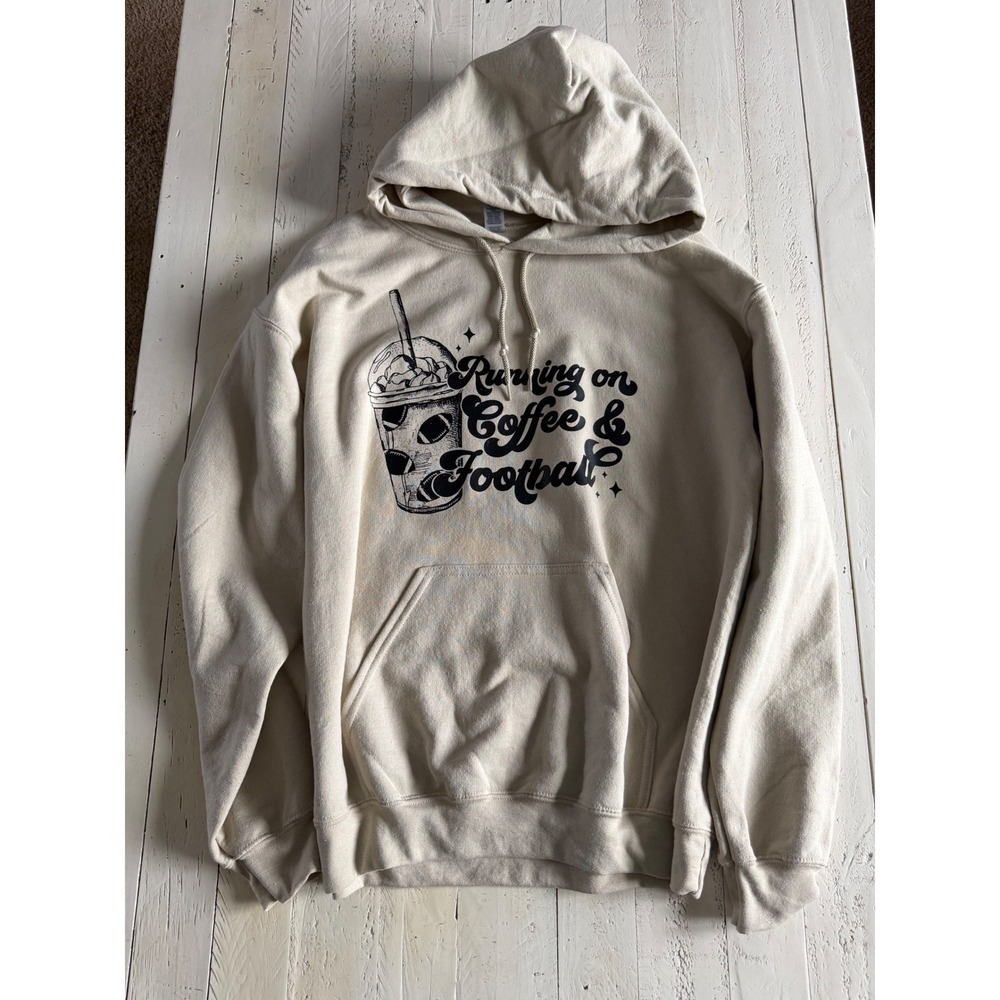 Gildan Running on Coffee & Football Graphic Hoodie Sand Beige Medium